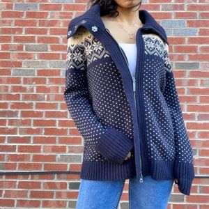 EDDIE BAUER navy and cream Nordic-patterned knit long-sleeve zip up cardigan